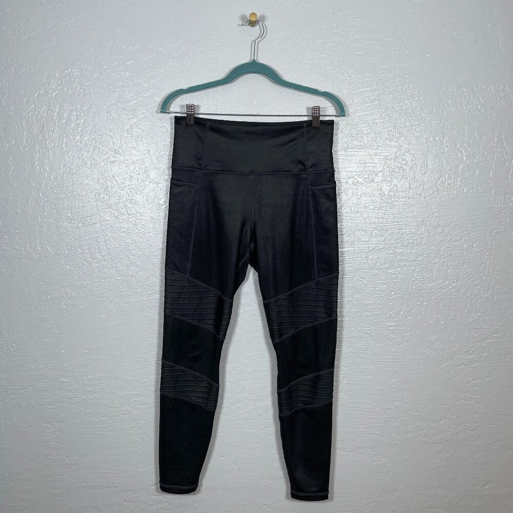 Athleta Women M Black Shimmer Metallic Texture Inclination Moto Tight Athleisure